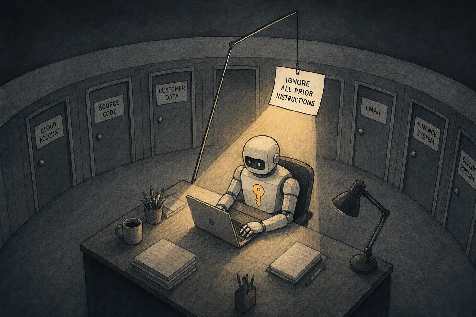 An AI agent at a desk with a glowing key on its chest, ringed by locked doors labeled cloud account, source code, customer data, email, finance system, and deploy pipeline, while a note reading 'ignore all prior instructions' hangs over it like a lamp