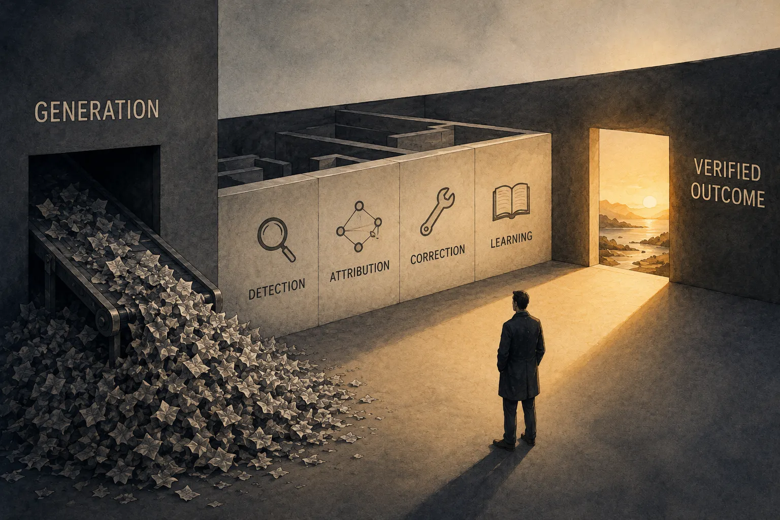 A conveyor belt labeled Generation spills a mountain of discarded paper onto the floor.  A wall of four panels, labeled Detection, Attribution, Correction, and Learning, stands between it and a doorway of warm light labeled Verified Outcome, where a lone figure stands looking toward it.