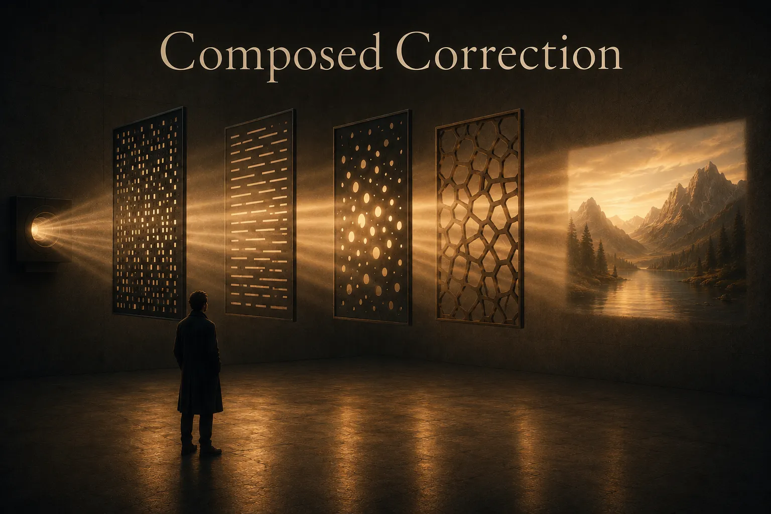 A solitary figure studies four tall perforated screens with different hole patterns standing side by side in a dim gallery, light passing through the gaps in each screen toward a glowing landscape image on the far wall