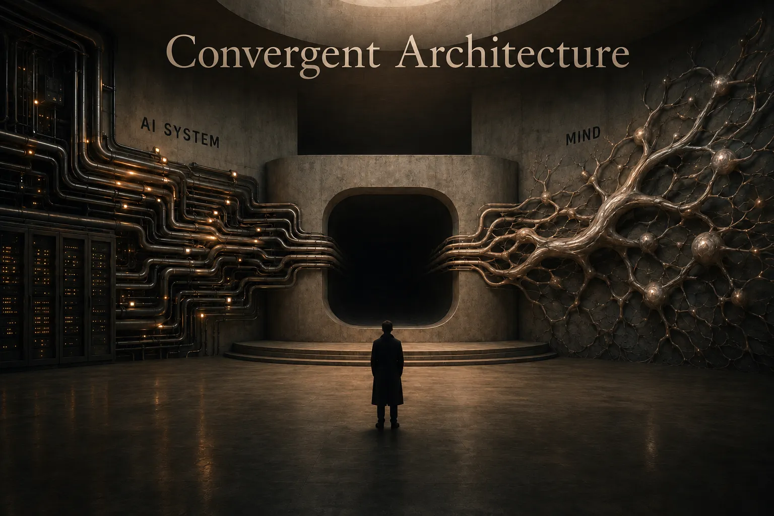 A solitary figure stands between two converging structures in a dim chamber, one wall labeled AI System built from glowing circuit conduits, the other labeled Mind built from branching neuron-like filaments, both feeding into a single dark unlit doorway between them