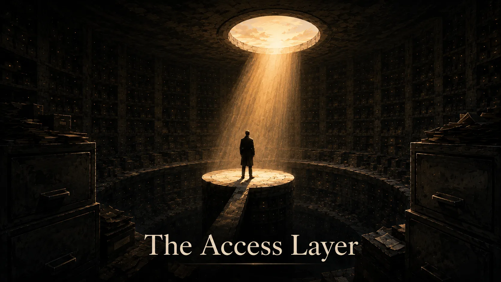 A solitary figure stands on a small lit platform inside a vast dark archive of countless memory boxes, illuminated by a single narrow beam of light from above, with drawers labeled Memory, Archive, Possibilities, and Unseen surrounding the space