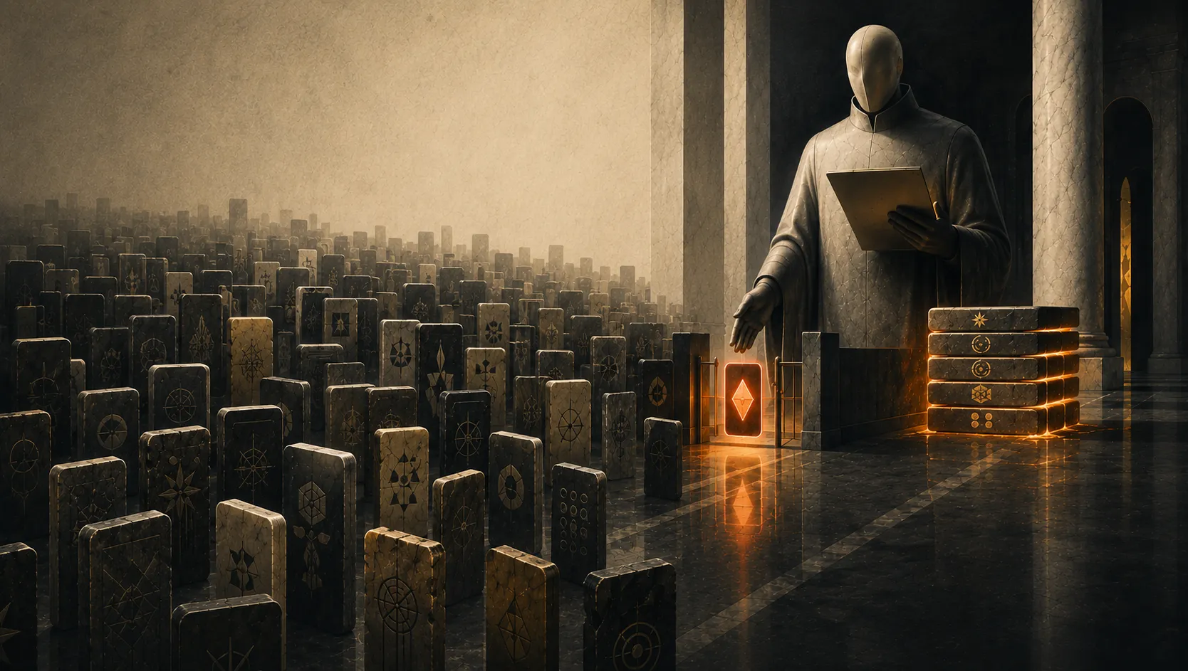 A vast, dim marble hall. A faceless machine sentinel with no eyes holds a ledger and reaches toward a low gate, where a single capability-card glows warm rust-orange, the brightest thing in the room. Stretching away into the fog stands a huge silent field of other cards, each stamped with a different sigil, waiting unchosen, while beside the gate a stack of already-admitted cards glows as it accumulates.