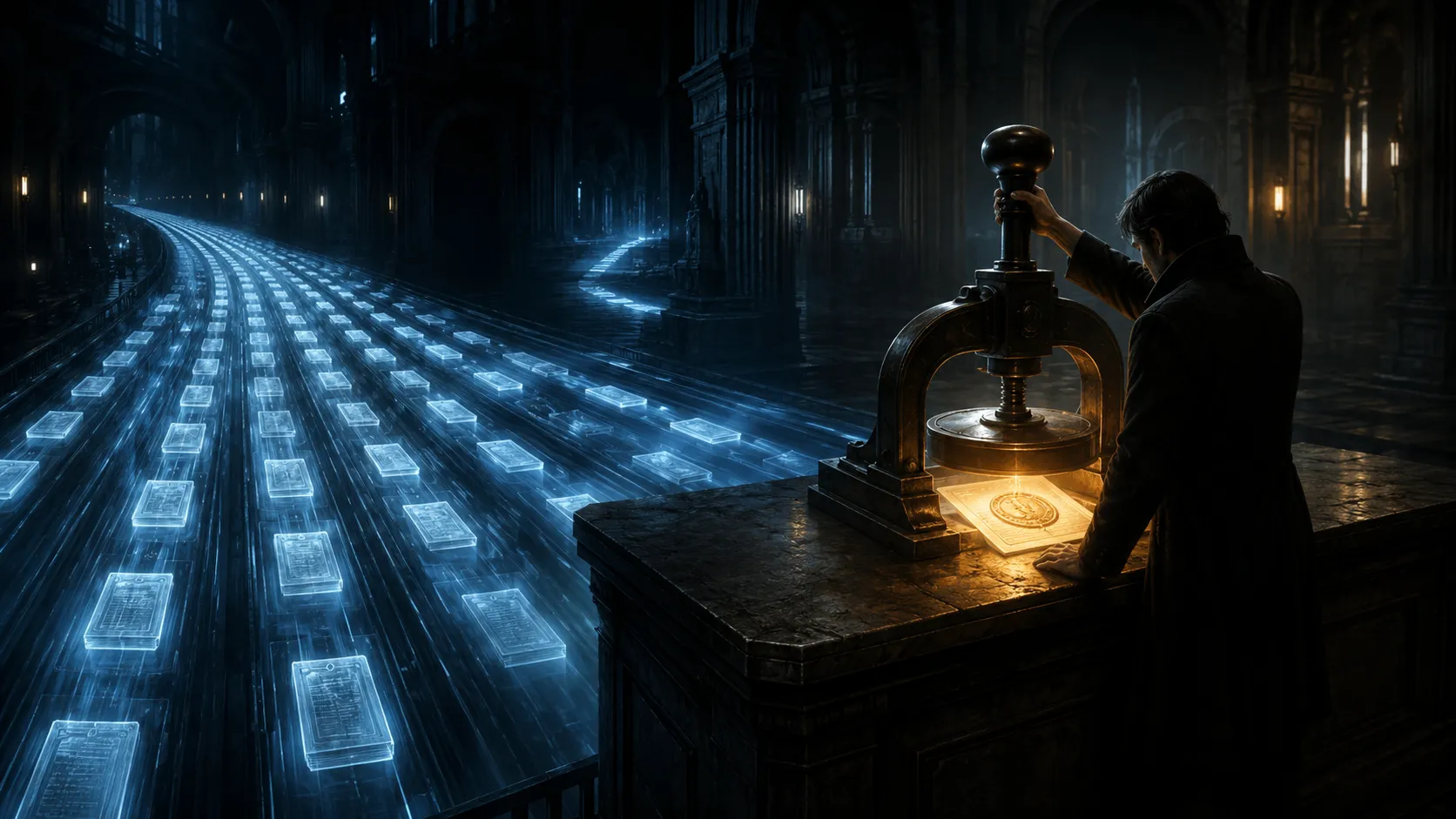 A vast, dim hall where an endless stream of identical glowing blue documents flows into the distance like a river of cheap, anonymous output. At a lone stone counter, a single figure works a heavy brass embossing press, sealing one document that glows warm gold beneath it, the one change someone will stand behind.